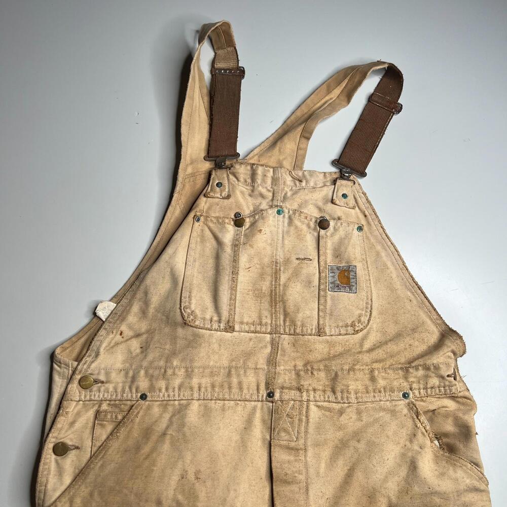 Vintage Carhartt Duck Canvas‎ Bib Overalls Tan Distressed Workwear USA 40x30